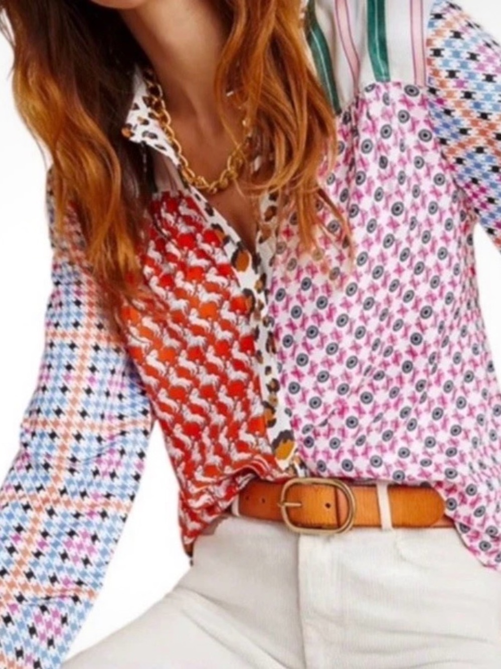 Maeve Mixed-Print Button-Up Blouse in Pink, Red and Orange by Anthropologie
